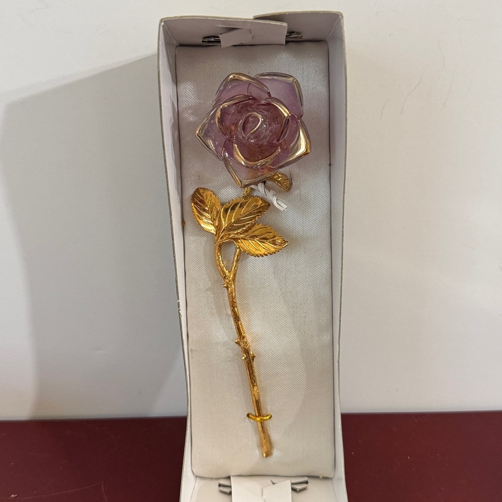 Rare Vintage Hand Crafted Glass Rose with Gold Stem 6" (Vintage) - Picture 1 of 6